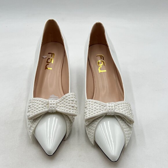 FSJ White Pointed Toe Crystal Pump Rhinestone Bow Block Low Heel Slip On Shoes - Picture 3 of 8